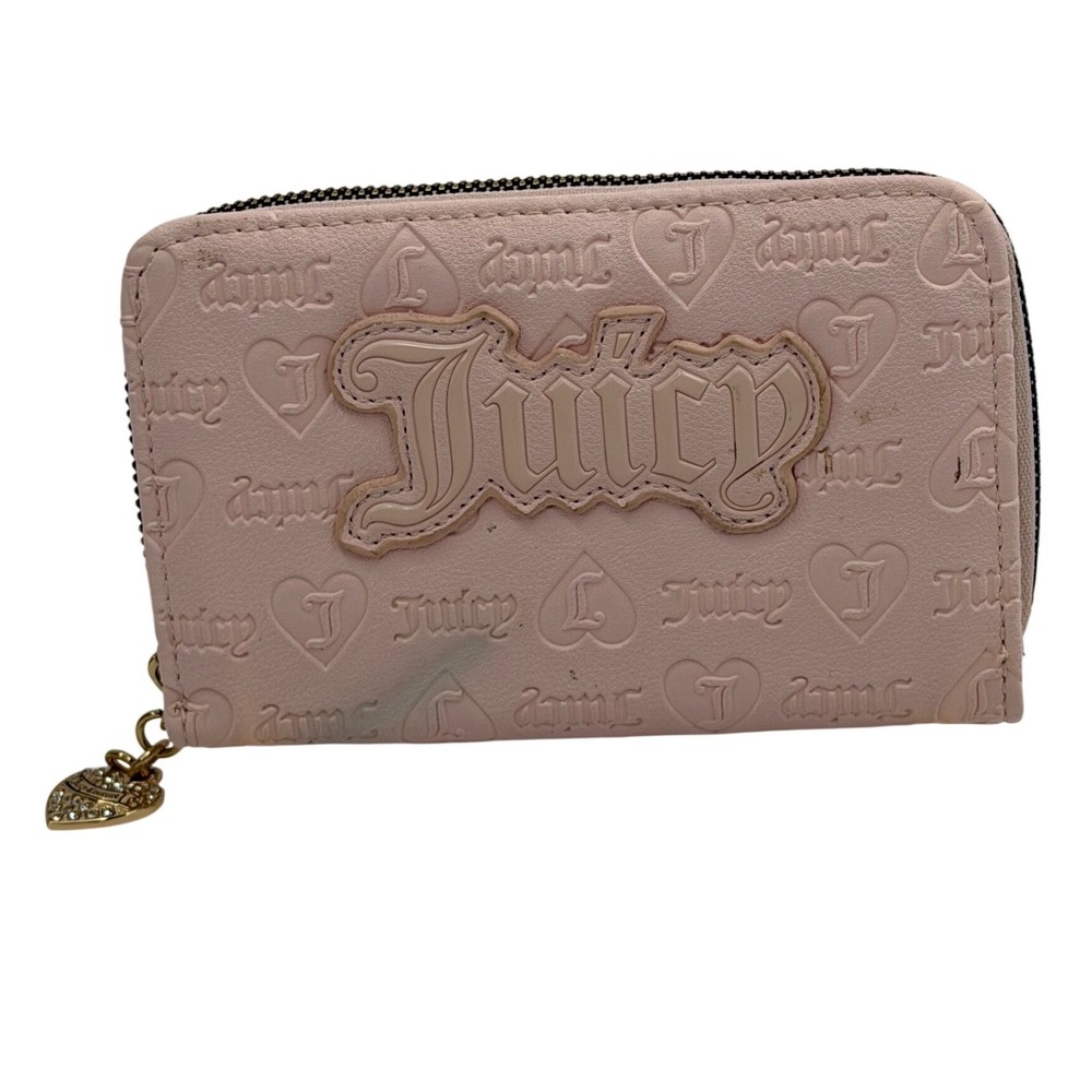 Juicy Couture Pink Embossed Heart Logo Zip Around Wallet Gold Heart Charm Y2K